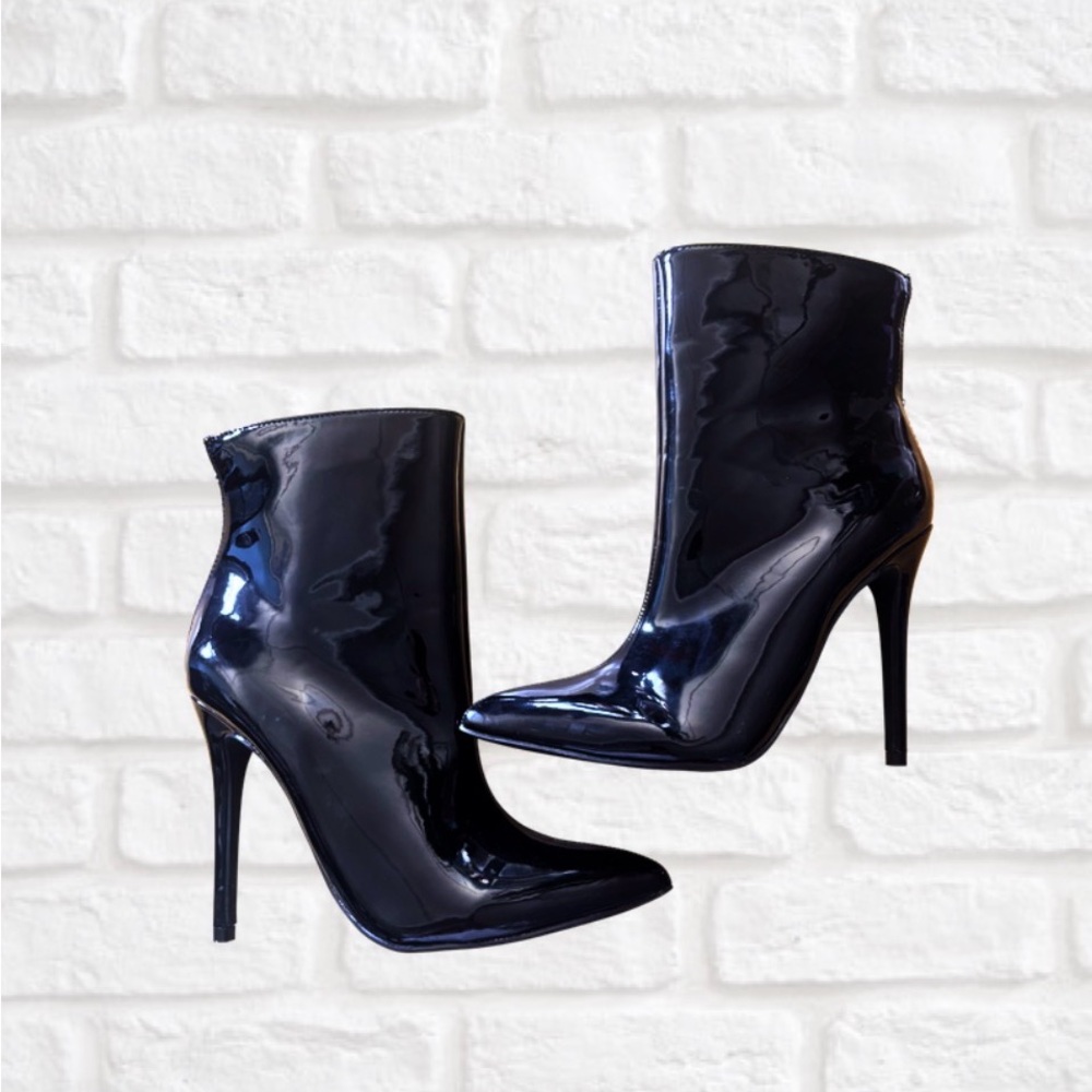 JustFab Black Patent Pointed Stiletto Ankle Boots